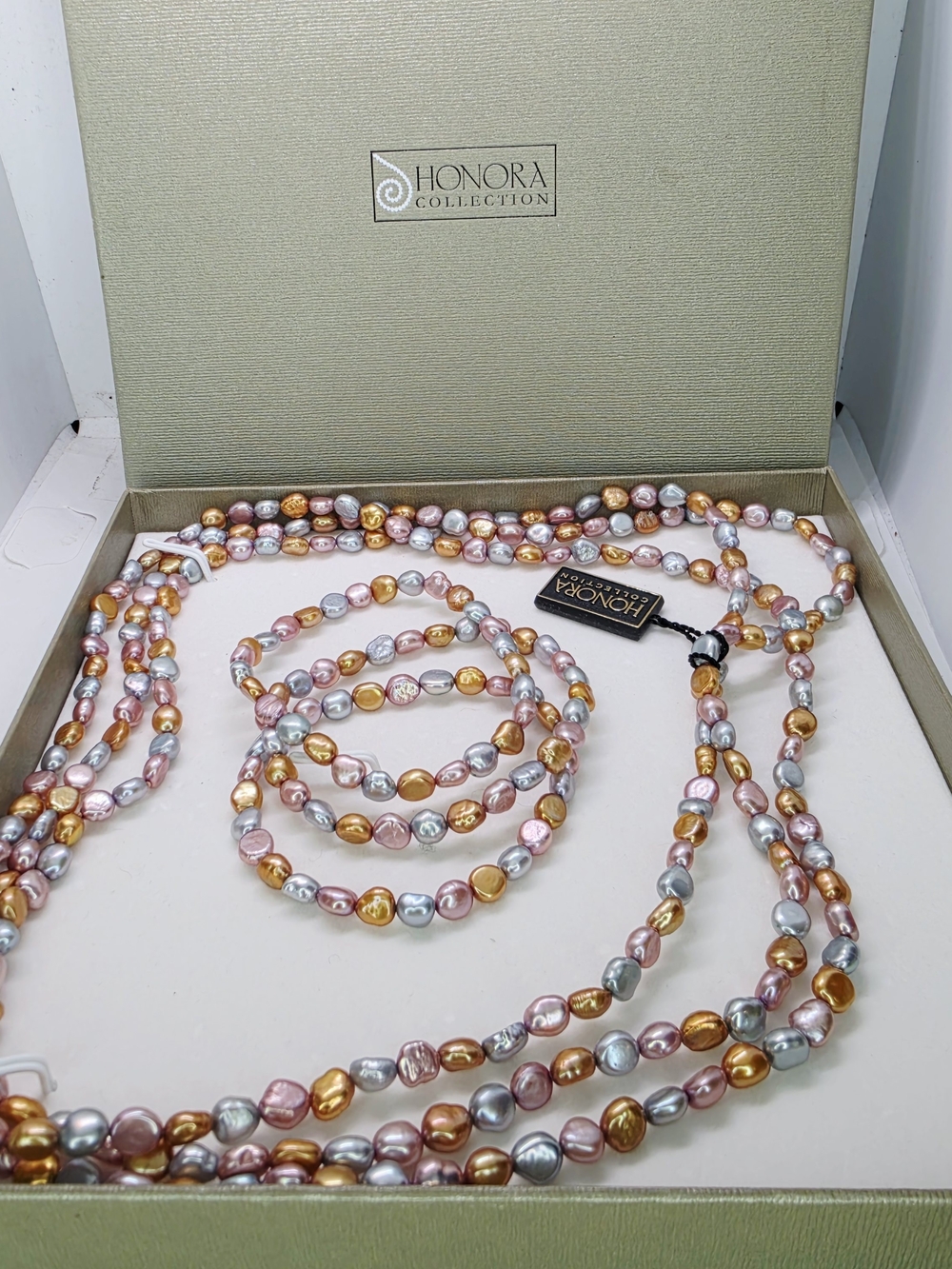 Honora New In Box Necklace And Bracelets Set 60" Endless Pearls Bronze Grey Pink